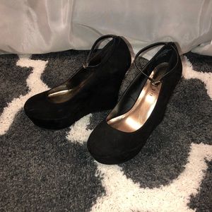 Black Suede Madden Girl Wedges with Ankle Strap